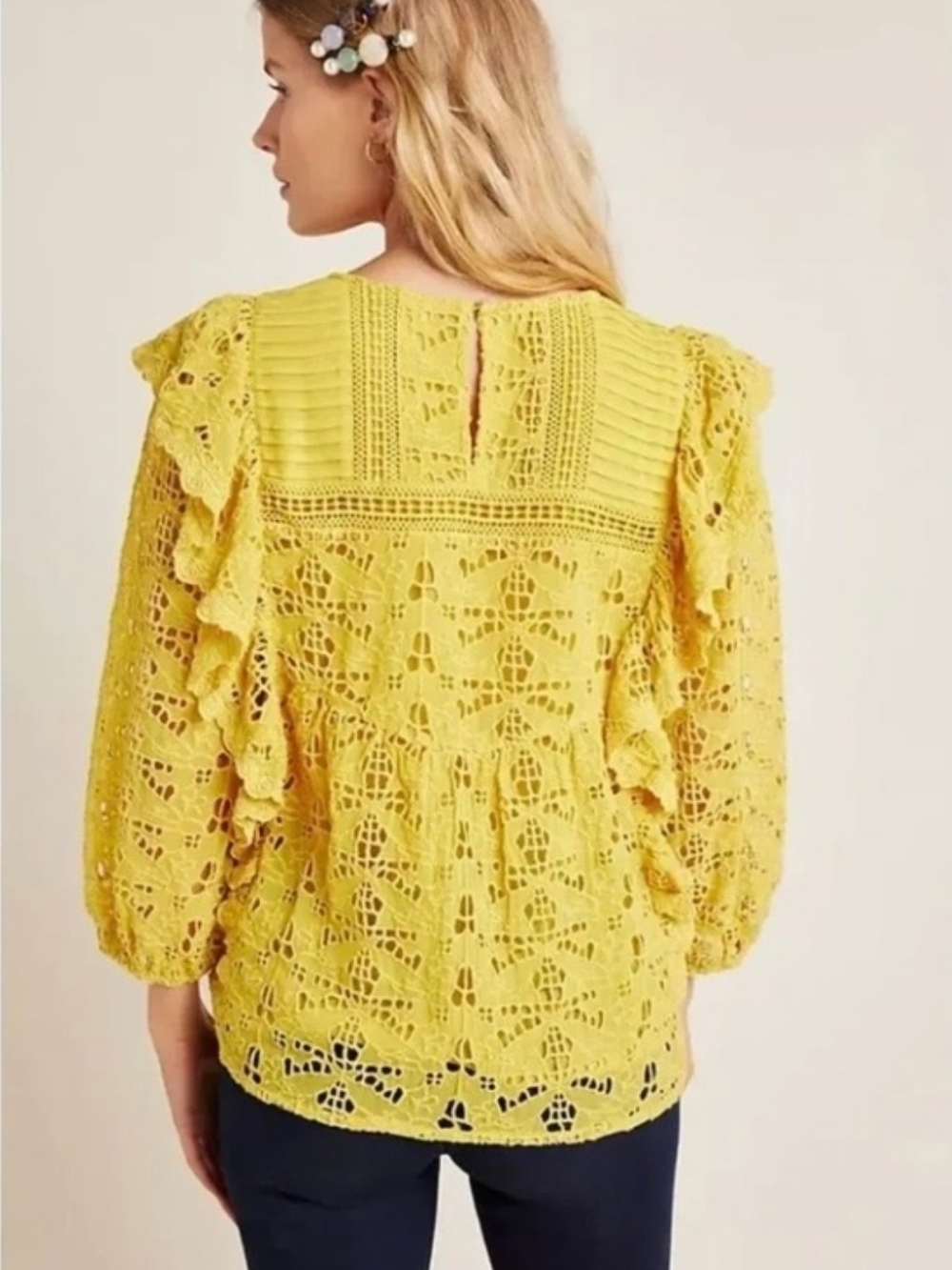 Anthropologie Clementine Blouse, Ruffled Eyelet Yellow Marigold Size 10 P2P 20" - Picture 2 of 7
